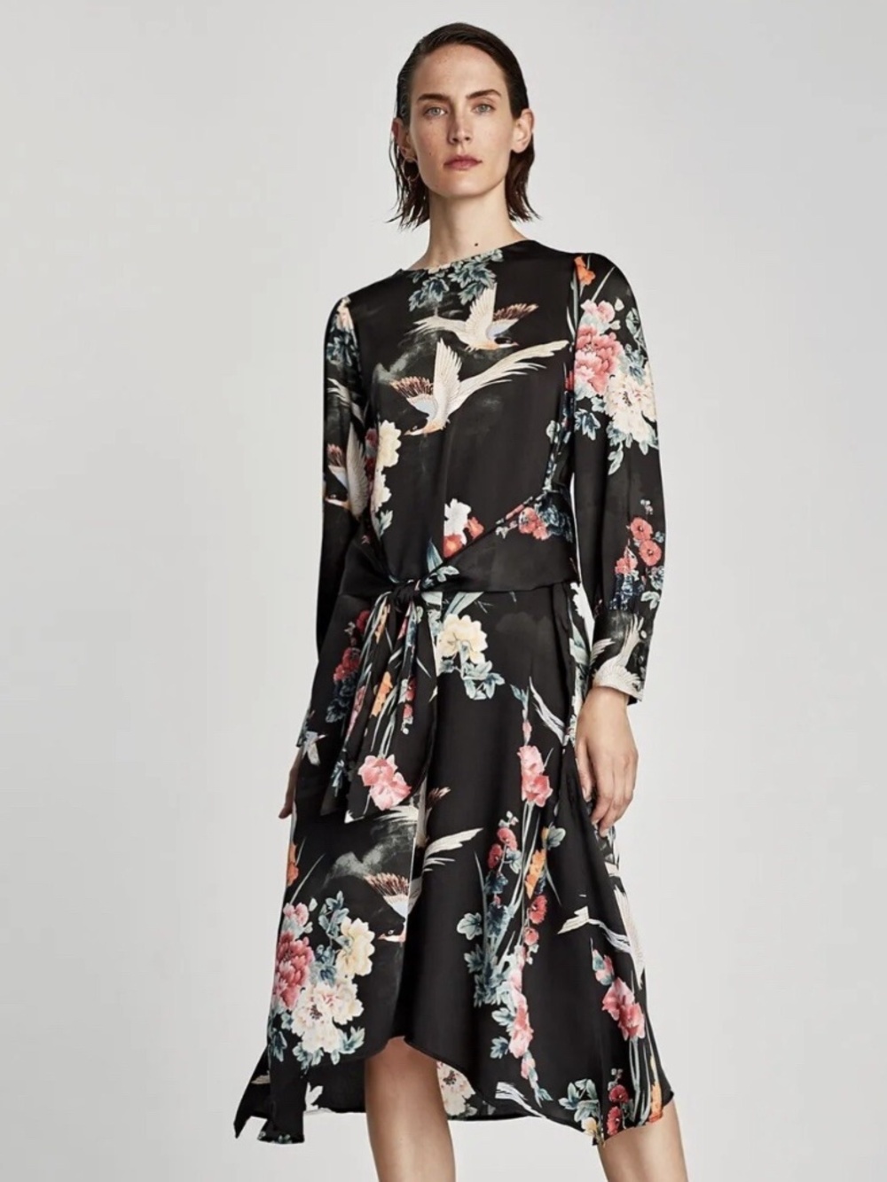 Zara Satin Oriental Bird Print Midi Dress